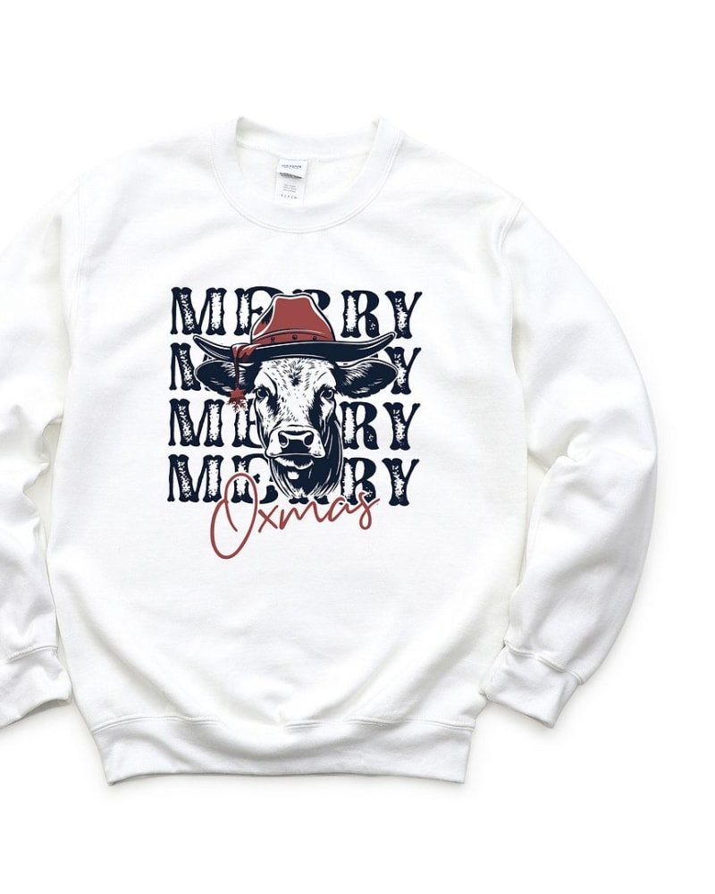 Front of a size L Merry Oxmas Graphic Sweatshirt in White by Simply Sage Market. | dia_product_style_image_id:315512